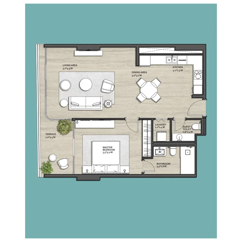Vistal by Victoria Swarovski 1 bed floor plan, 896 sqft