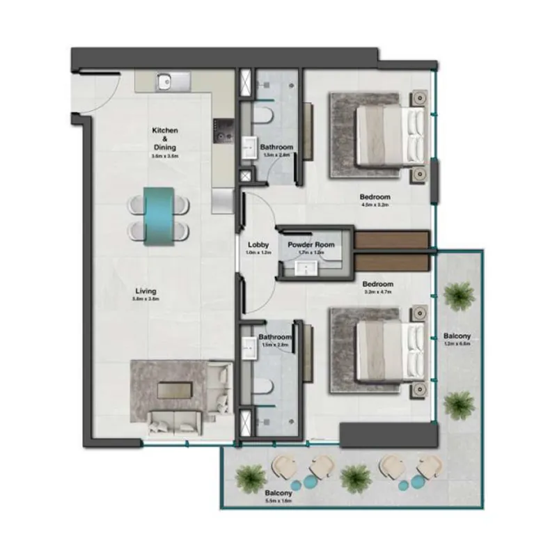 Sky Hills Residence 3 2 bed floor plan, 1,095 – 1,097 sqft
