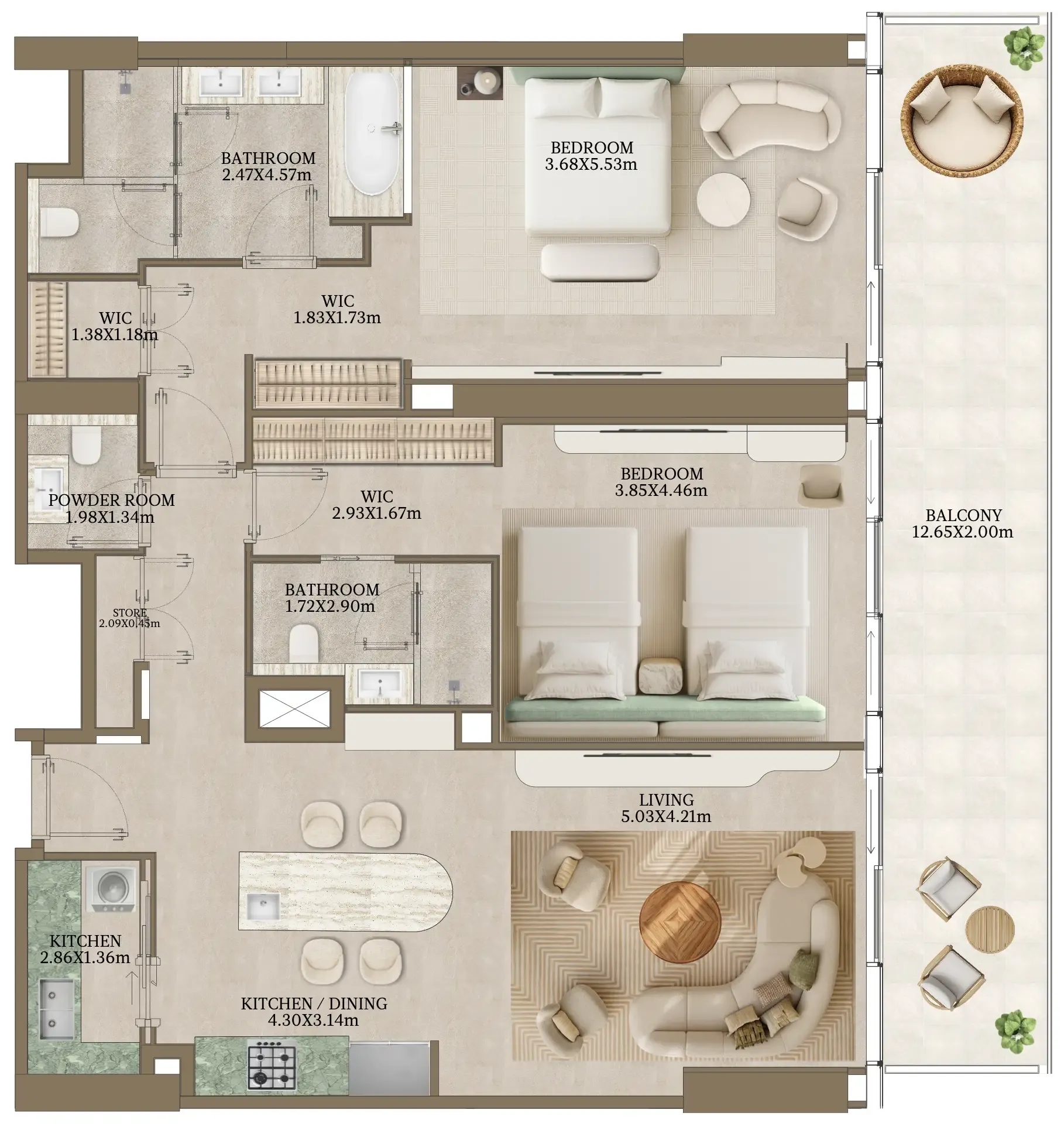 Nasim Al Bahr Residences 2 bed floor plan, 1,664 sqft