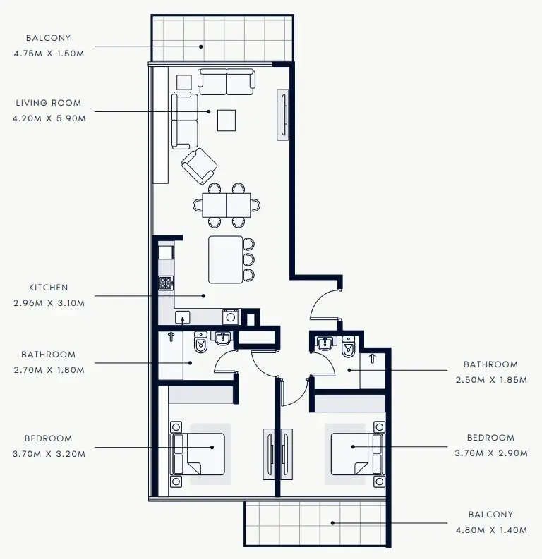 Riviera Rêve 2 bed floor plan, 1,227 sqft
