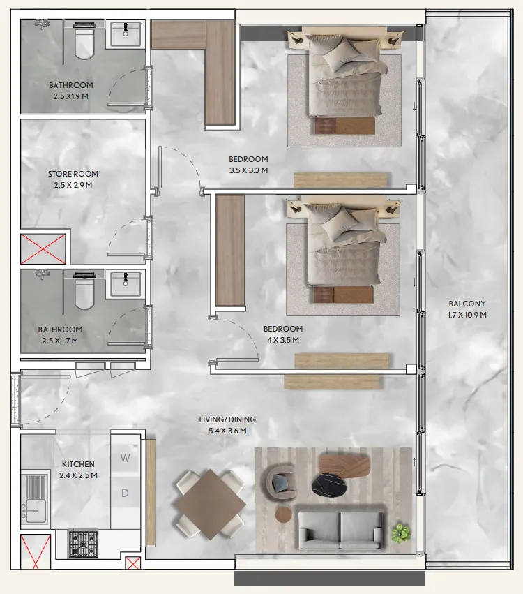 California Residences 2 bed floor plan, 1,161 sqft