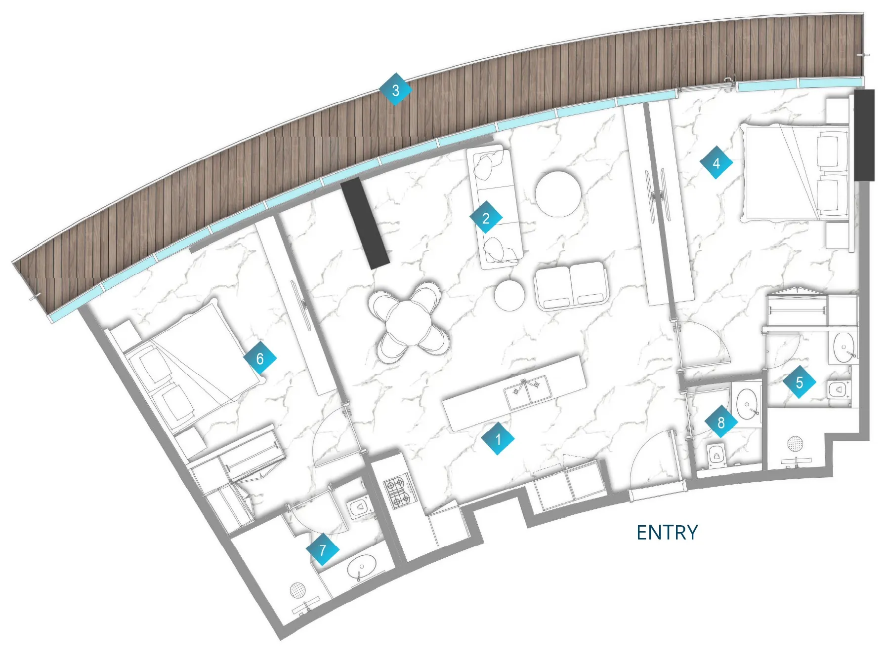 Aqua Arc 2 bed floor plan, 1,381 sqft