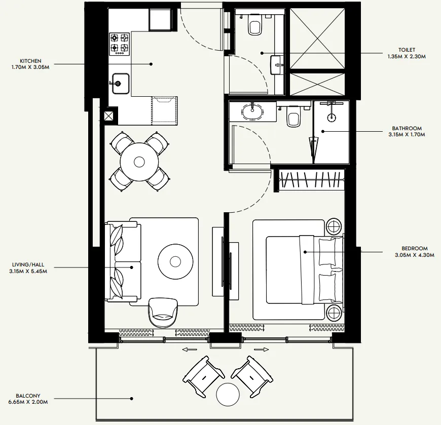 Azizi Venice 1 bed floor plan, 736 sqft