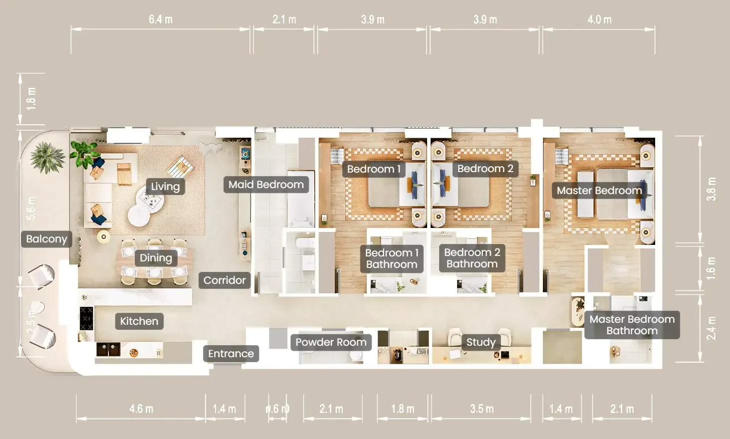 The Beach House Fahid 3 bed floor plan, 1,974 sqft
