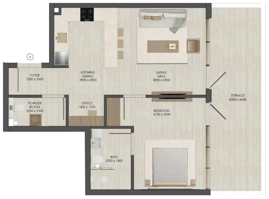 JAD 288 1 bed floor plan, 818 sqft