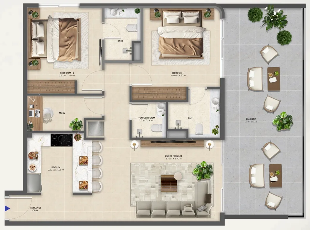 Vivida Residences 2 bed floor plan, 1,303 sqft