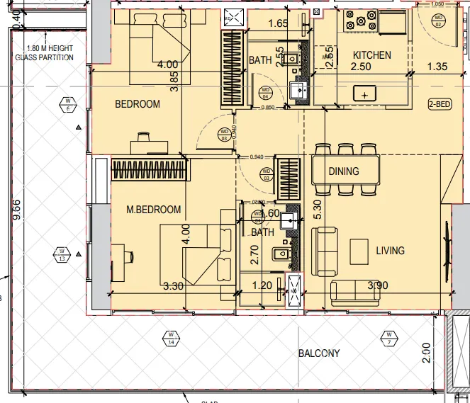 Binghatti Amberhall 2 bed floor plan, 1,279 sqft