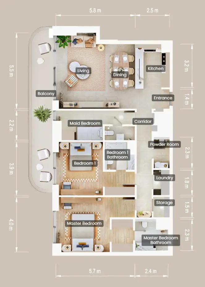 The Beach House Fahid 2 bed floor plan, 1,595 sqft