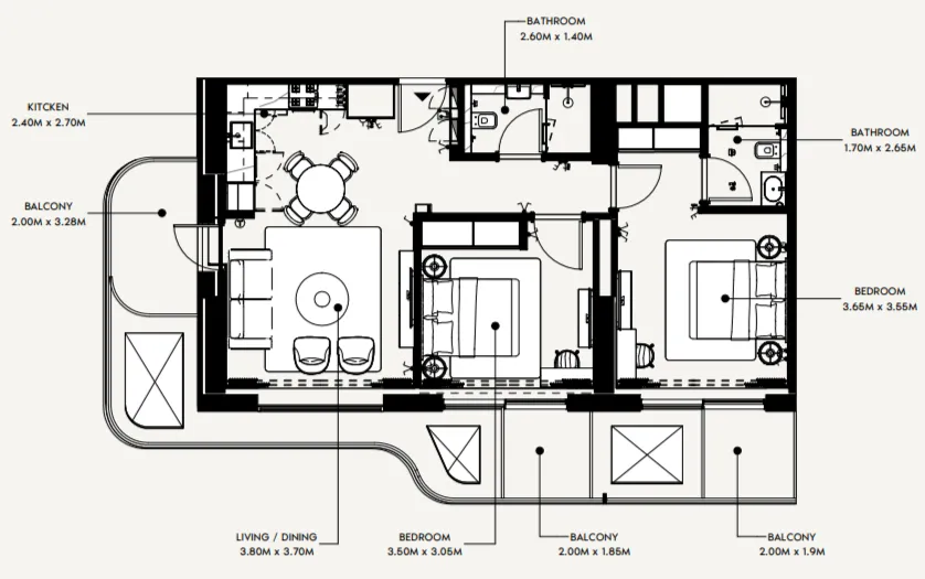 Azizi Wasel 2 bed floor plan, 982 sqft