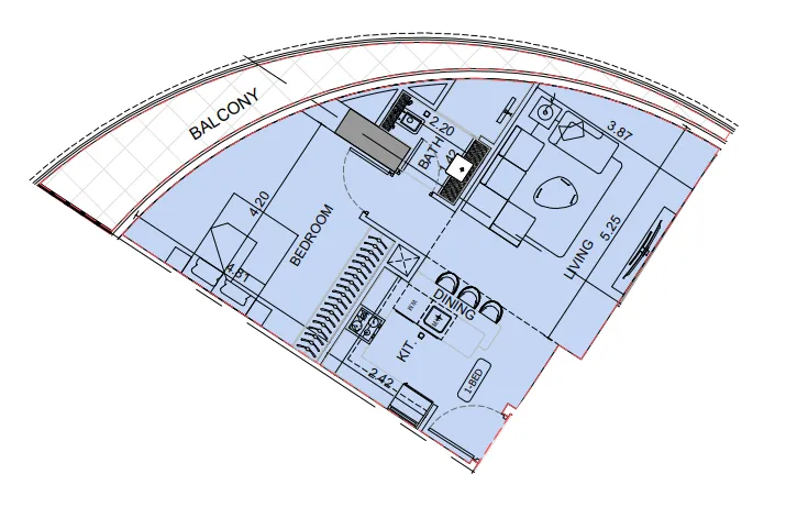Binghatti Aquarise 1 bed floor plan, 783 sqft
