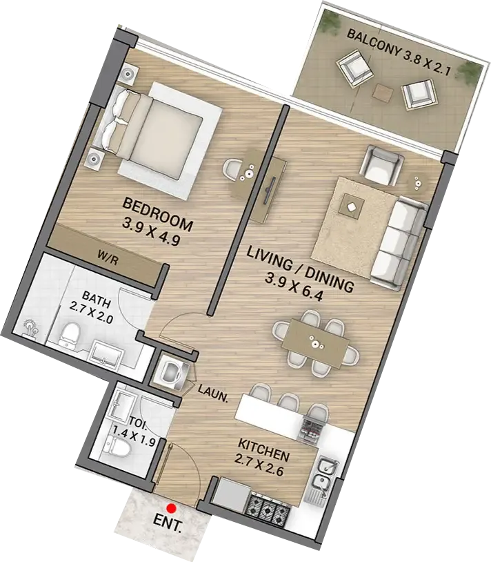 Ocean Tower 1 bed floor plan, 840 sqft