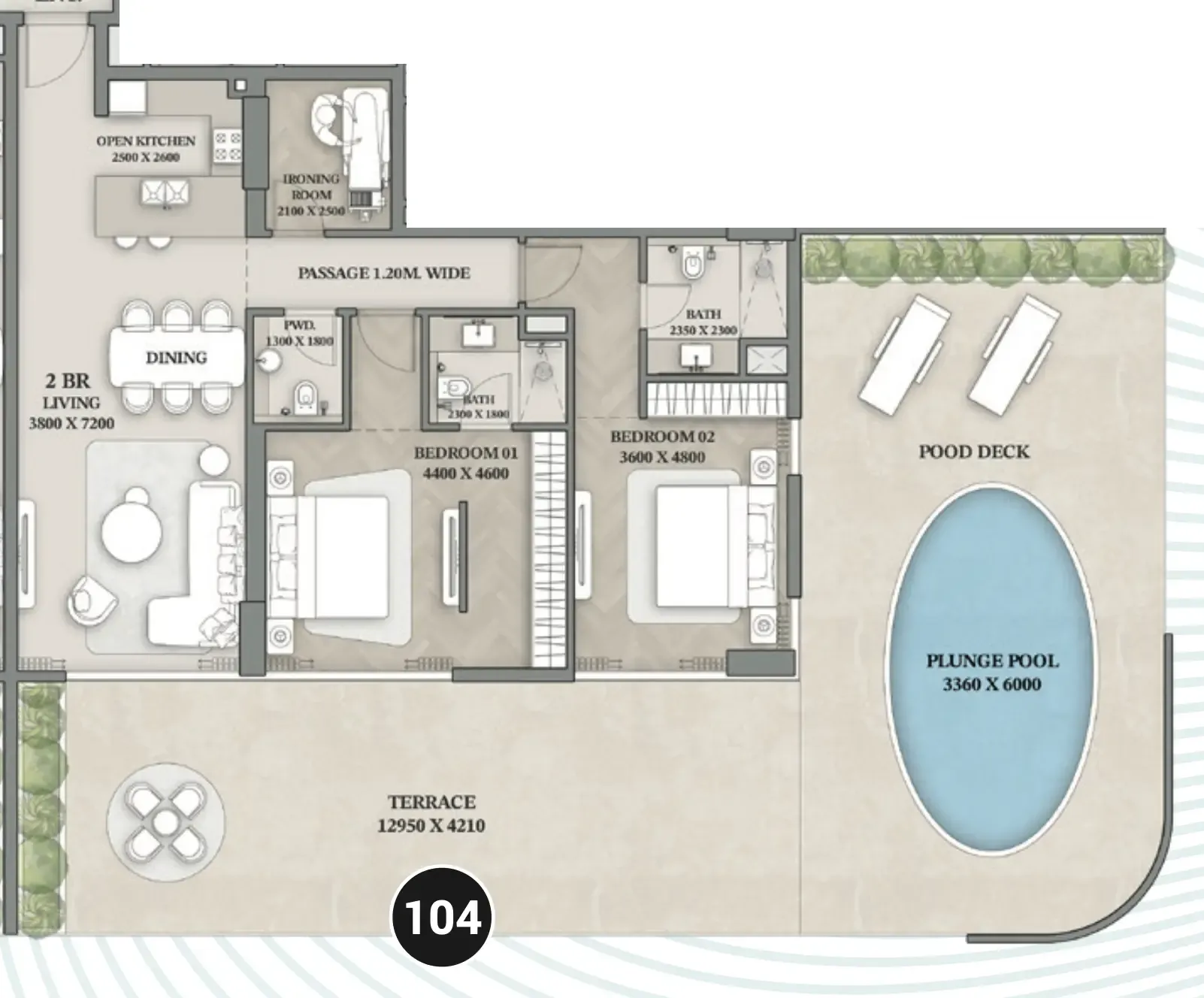Wellington Ocean Walk 2 bed floor plan, 2,572 sqft