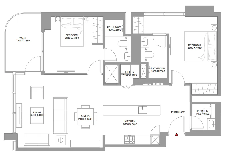 Pristine Beach Residences 2 bed floor plan, 1,073 sqft