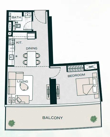 Binghatti Aquarise 1 bed floor plan, 789 sqft