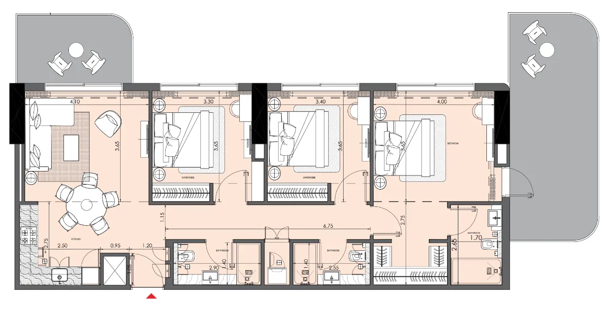 Azizi Wasel 3 bed floor plan, 1,409 sqft