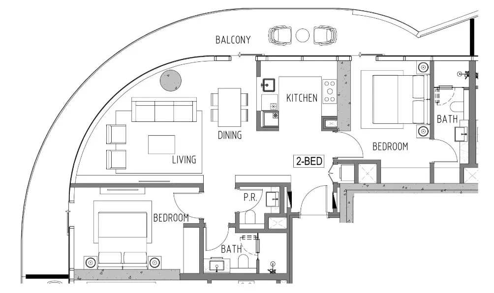 Volta 2 bed floor plan, 1,400 sqft