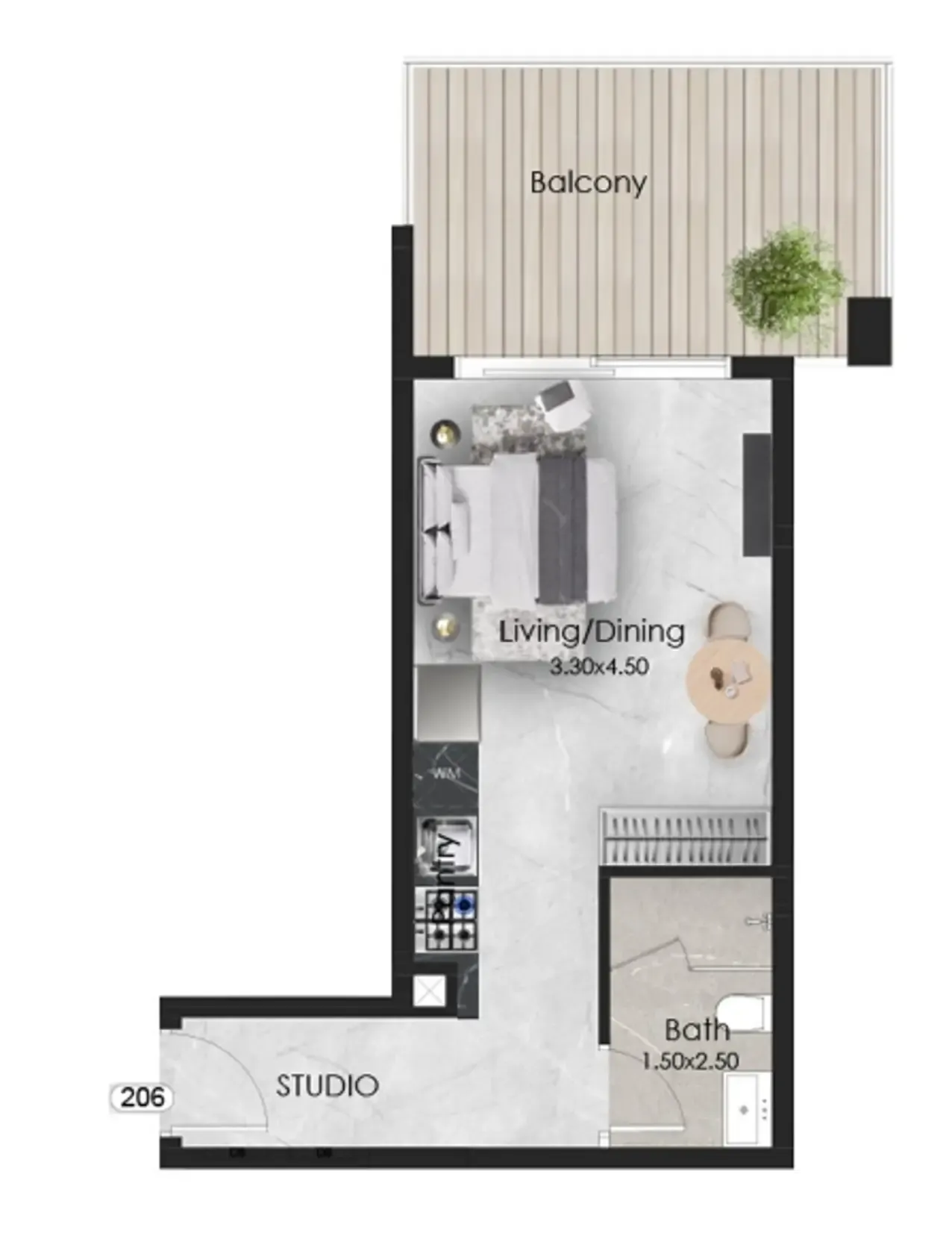 Aristo Studio floor plan, 444 sqft