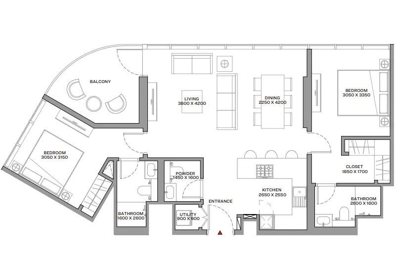 Beach Residences at Siniya Island 2 bed floor plan, 1,024 – 1,028 sqft