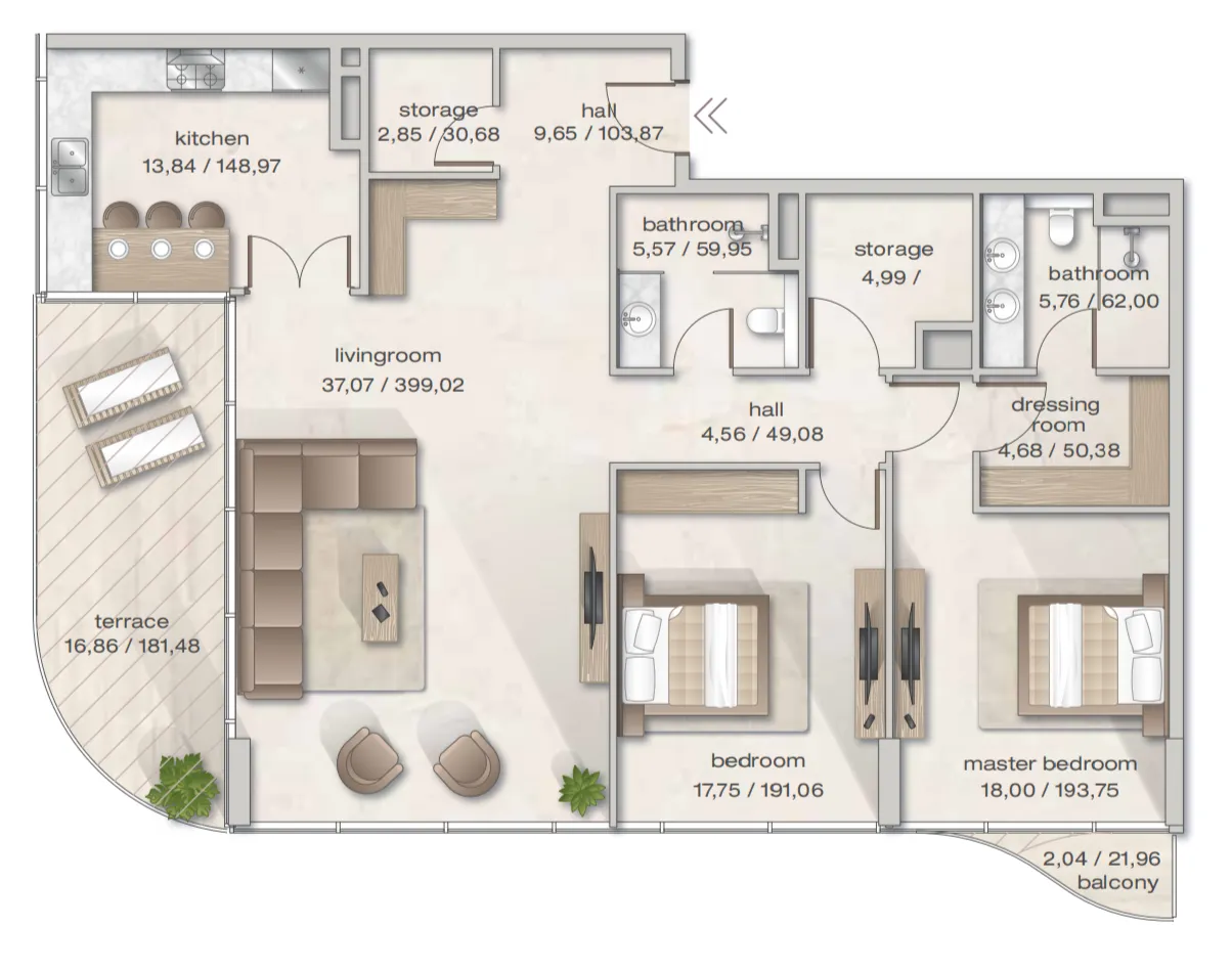 Zephyra Residences 2 bed floor plan, 1,652 sqft