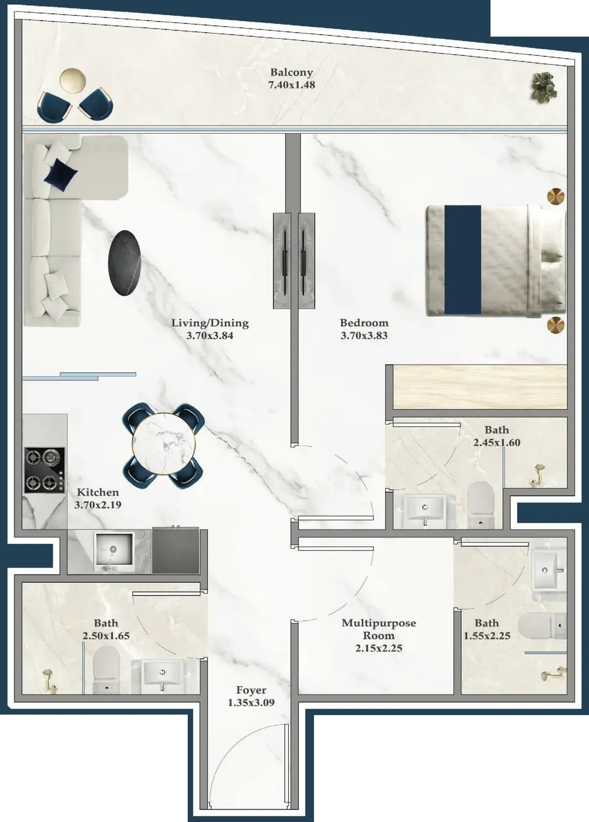 Serenz 1 bed floor plan, 716 sqft