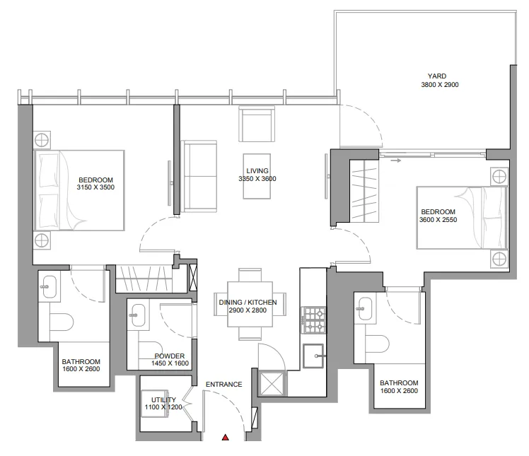 Sobha Aquamont 2 bed floor plan, 831 sqft