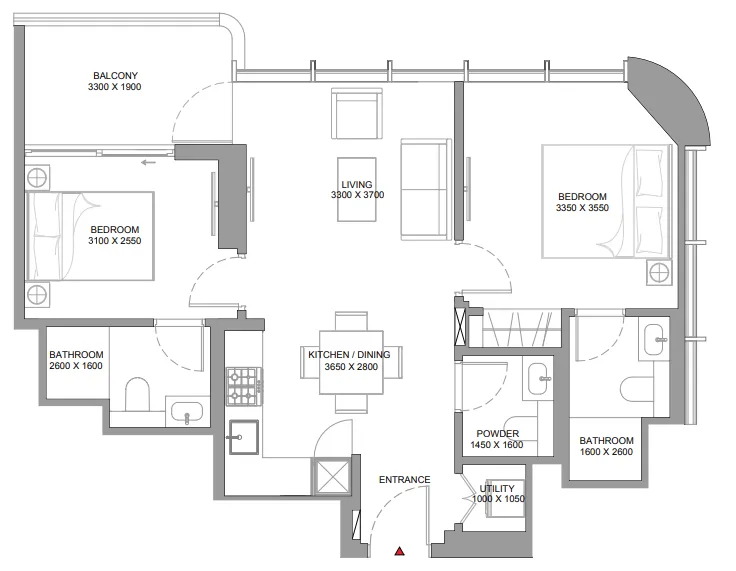 Sobha Aquamont 2 bed floor plan, 771 sqft