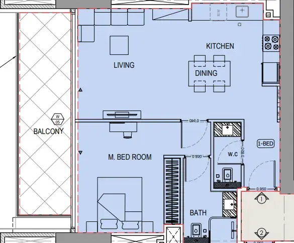 Binghatti Apex 1 bed floor plan, 832 sqft