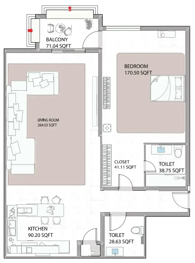 Ajman Creek Towers 1 bed floor plan, 1,137 sqft