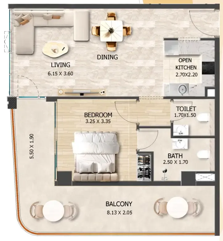 Crystal Tower by VHS 1 bed floor plan, 828 sqft