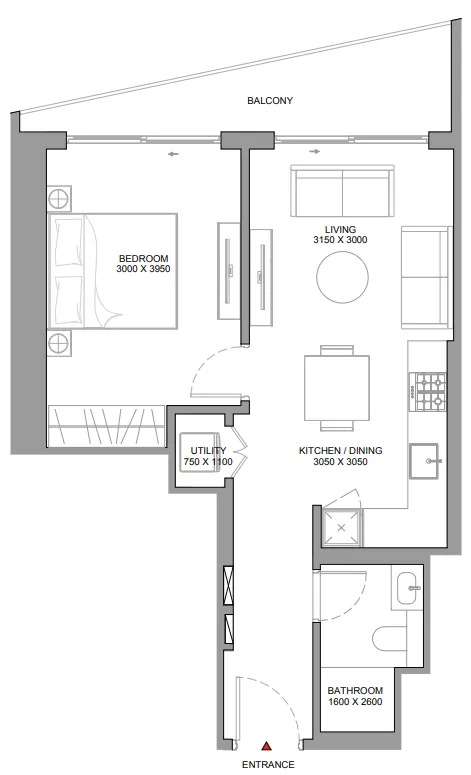 The Eden at Sobha Central 1 bed floor plan, 632 sqft