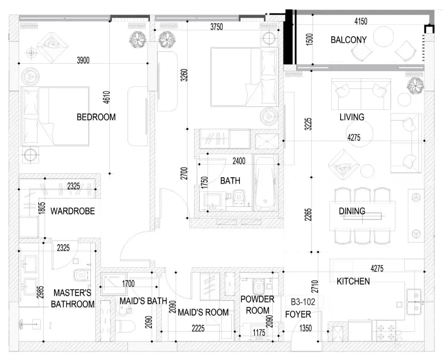 Naseem Al Jurf 2 bed floor plan, 1,281 sqft