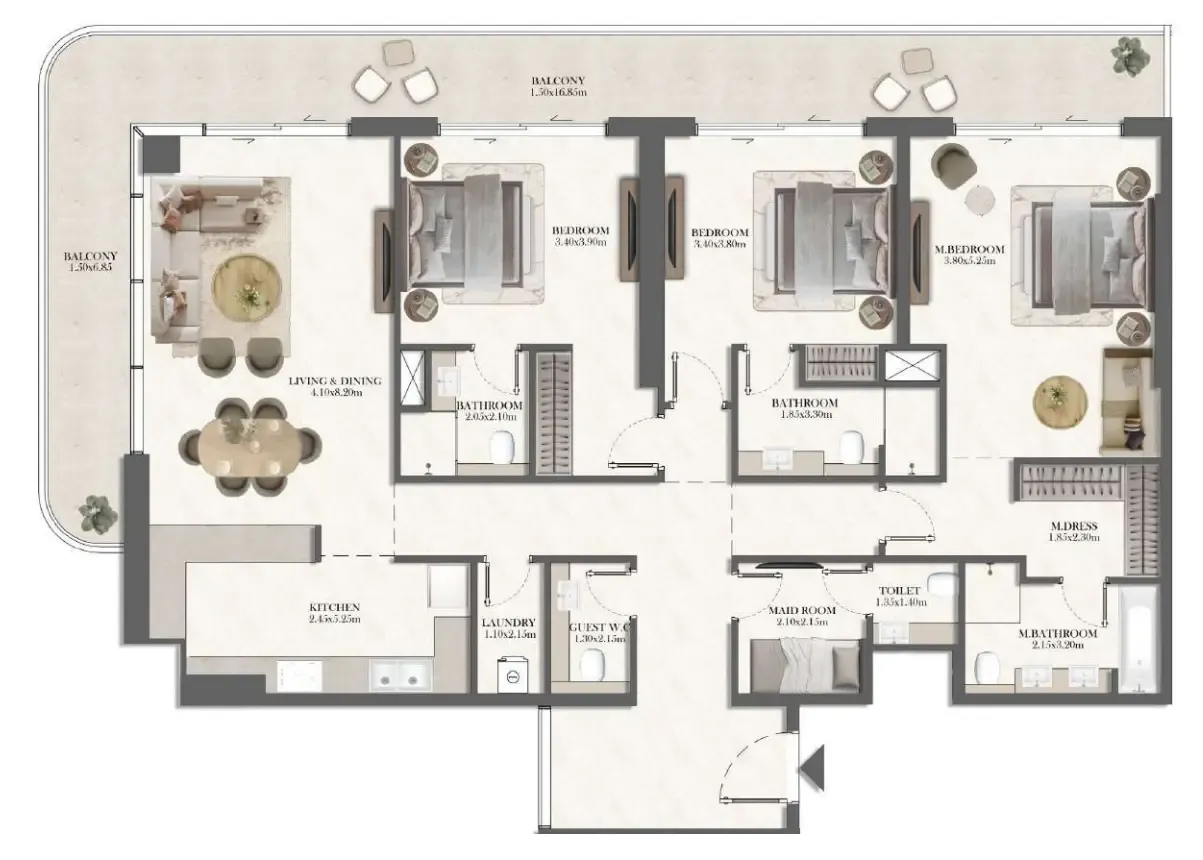 Rotana Residences South Tower 3 bed floor plan, 2,155 sqft