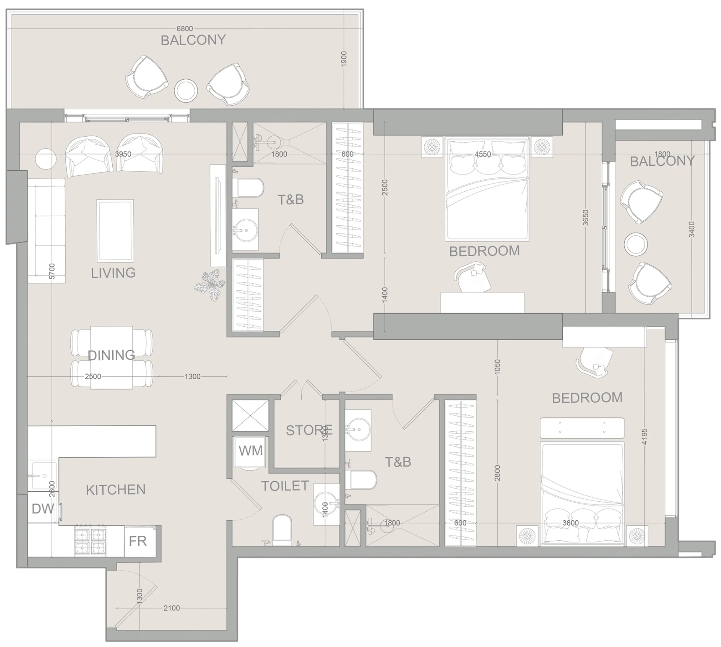 AUREL1A Residence 2 bed floor plan, 1,299 sqft
