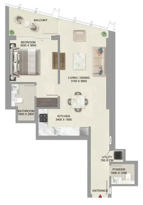 The Mirage at Sobha Central 1 bed floor plan, 787 – 791 sqft