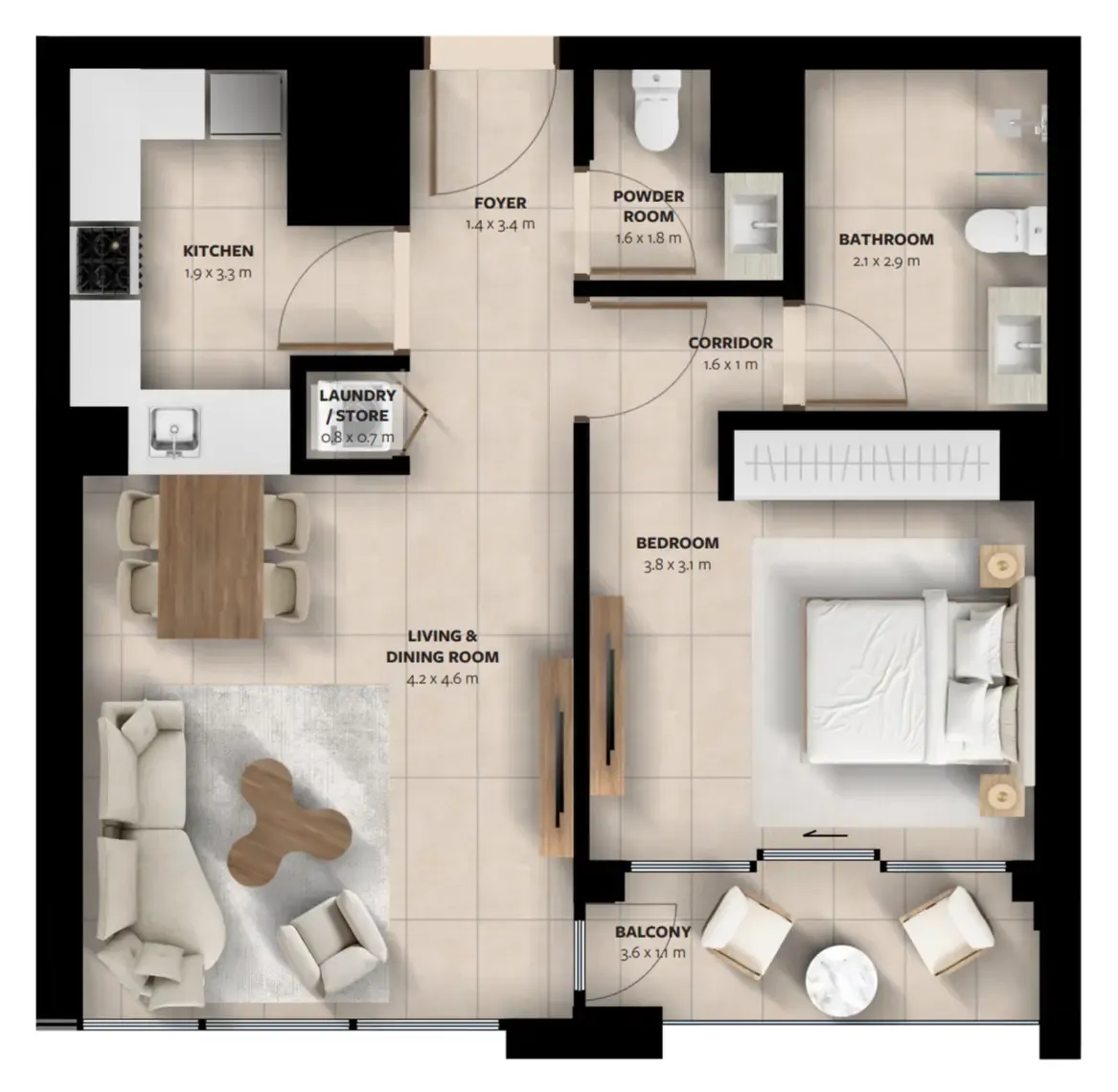 Waada Dubai South 1 bed floor plan, 748 sqft