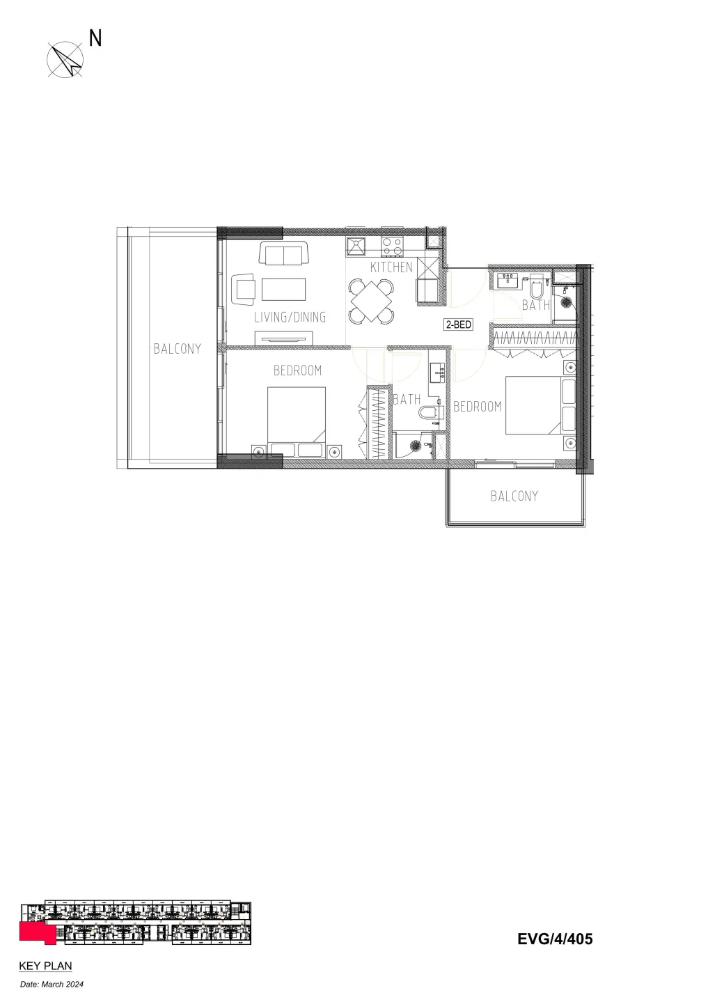 Evergreens 2 bed floor plan, 885 sqft