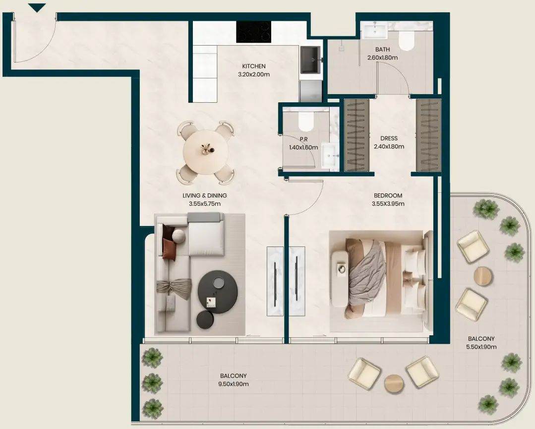Kyomi Residences 1 bed floor plan, 971 sqft