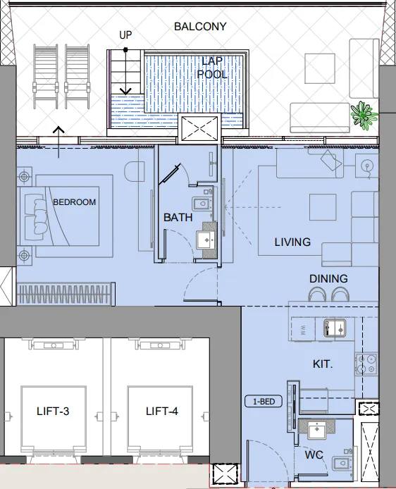 One by Binghatti 1 bed floor plan, 1,042 – 1,223 sqft