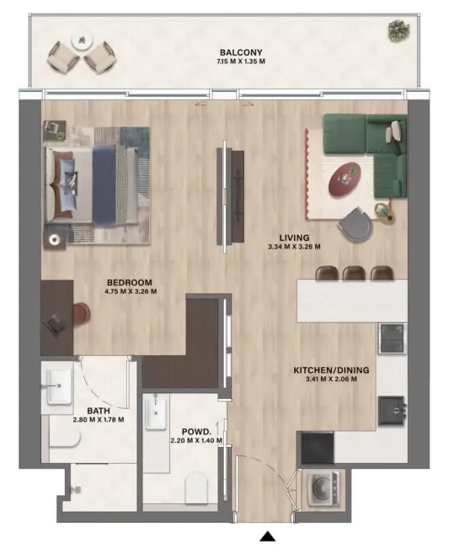 Mövenpick Residences Dubai Motor City Phase 1 1 bed floor plan, 703 sqft