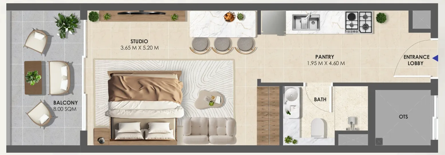 Vivida Residences Studio floor plan, 440 sqft