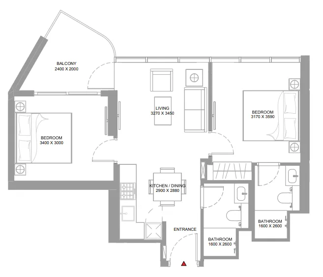 Pierside Marina Residences 2 bed floor plan, 719 sqft