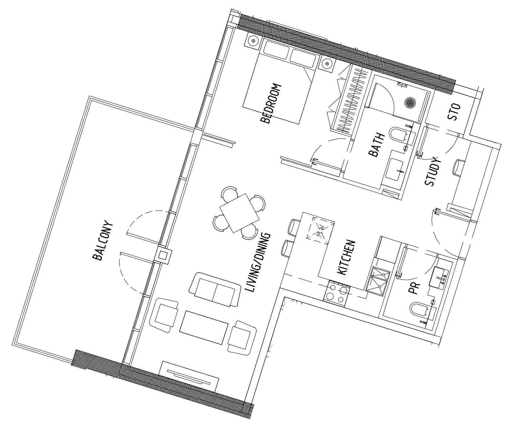 Damac District 1 bed floor plan, 910 sqft