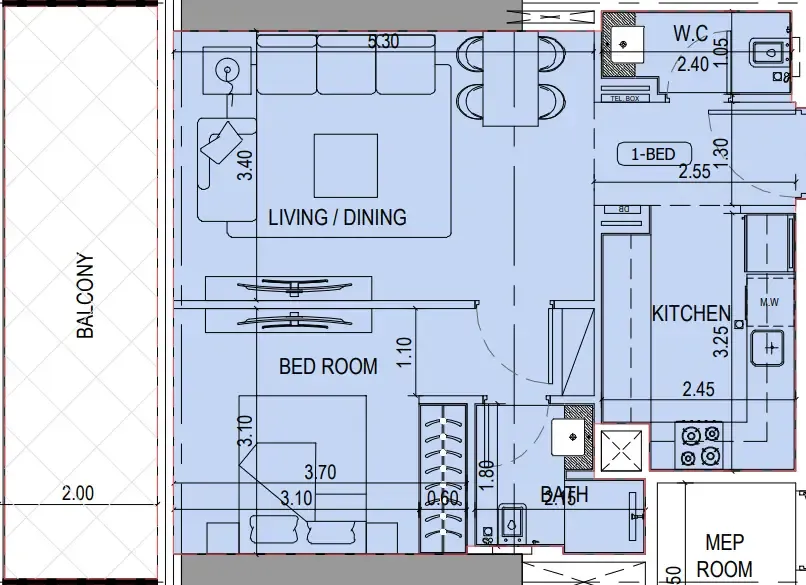 Binghatti Sky Terraces 1 bed floor plan, 751 sqft