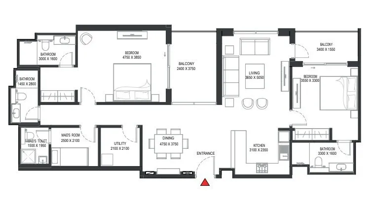 Sobha One 2 bed floor plan, 1,565 sqft