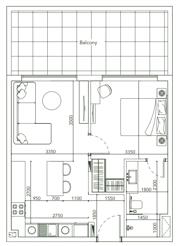 Laya Courtyard 1 bed floor plan, 682 – 684 sqft