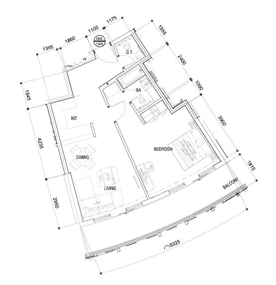 DAMAC Majestine 1 bed floor plan, 886 sqft