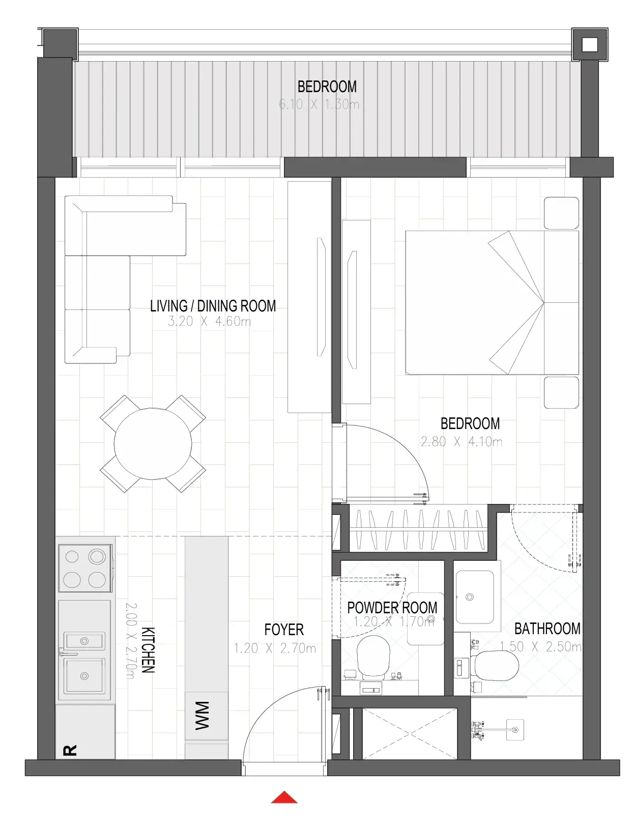 Olfah 1 bed floor plan, 610 sqft