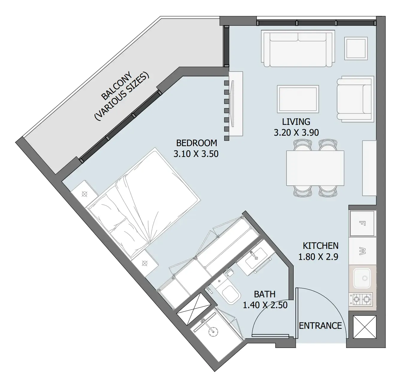 Verdana III 1 bed floor plan, 458 sqft