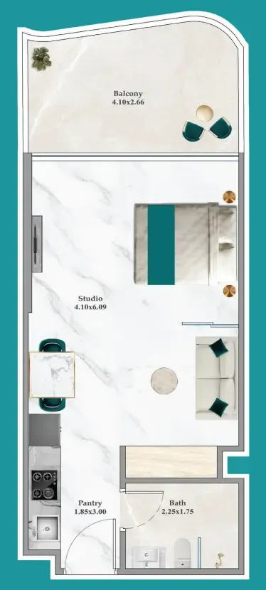 Breez Studio floor plan, 411 – 447 sqft
