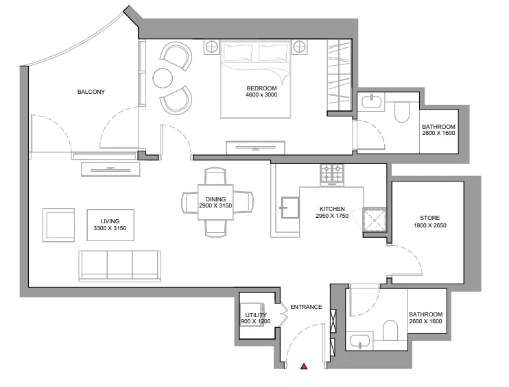 Skyvue Stellar 1 bed floor plan, 877 sqft